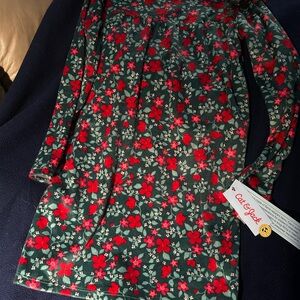 Cat & Jack Green Floral Knit Long Sleeve Dress with Red Flower Print